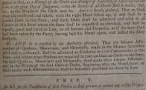 A 1777 law gave Mennonites, Moravians, and  Quakers the right to state 'solemn Affirmations' when 'other Persons are required to take an Oath or Oaths to the State.' " Available courtesy the State Libray of North Carolina