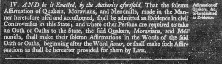 Copy of the 1777 Affirmations of Quakers law.