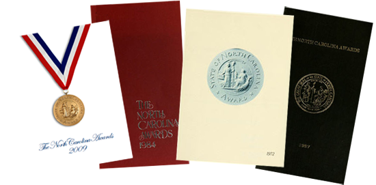 Four North Carolina Awards programs.  From right to left: A white program with an image of a gold medal hanging on a red, white, and blue ribbon. A red program reading &quot;The North Carolina Awards 1984&quot; in gold foil. A cream colored program with an image of medal that reads &quot;The North Carolina Awards.&quot; A black program with &quot;The North Carolina Awards 1985&quot; and the state seal in gold foil.
