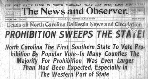 Prohibition headline from Raleigh News & Observer, 1908
