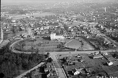 Aerial view, Raleigh Little Theatre and site of Rose Garden, Raleigh, NC, February 11, 1949. From the Albert Barden Collection, North Carolina State Archives, call #:  N.53.15.3019.