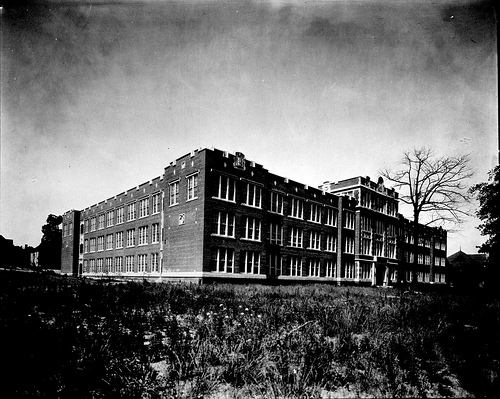 Exterior of Hugh Morson High School, Raleigh, NC, no date (c.1930-1940s). From the Albert Barden Collection, North Carolina State Archives, call #: N.53.15.288 .
