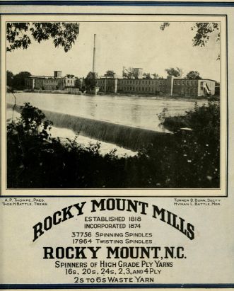 Photograph of Rocky Mount Mills, along the Tar River, in Rocky Mount, N.C. From a history of the mills, published in 1900.