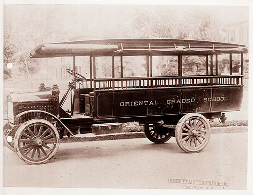 School bus made by the Corbitt Truck Company in Henderson, NC, for Oriental Graded School, Pamlico County, NC, c.1917. From the General Negative Collection, North Carolina State Archives, call #: N_80_3_57, Raleigh, NC.