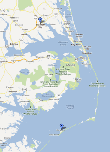 Map depicting Elizabeth City to Ocracoke Island, NC.