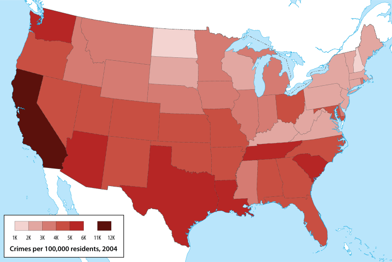 Crimes per 100,000 residents, by state, 2004 NCpedia