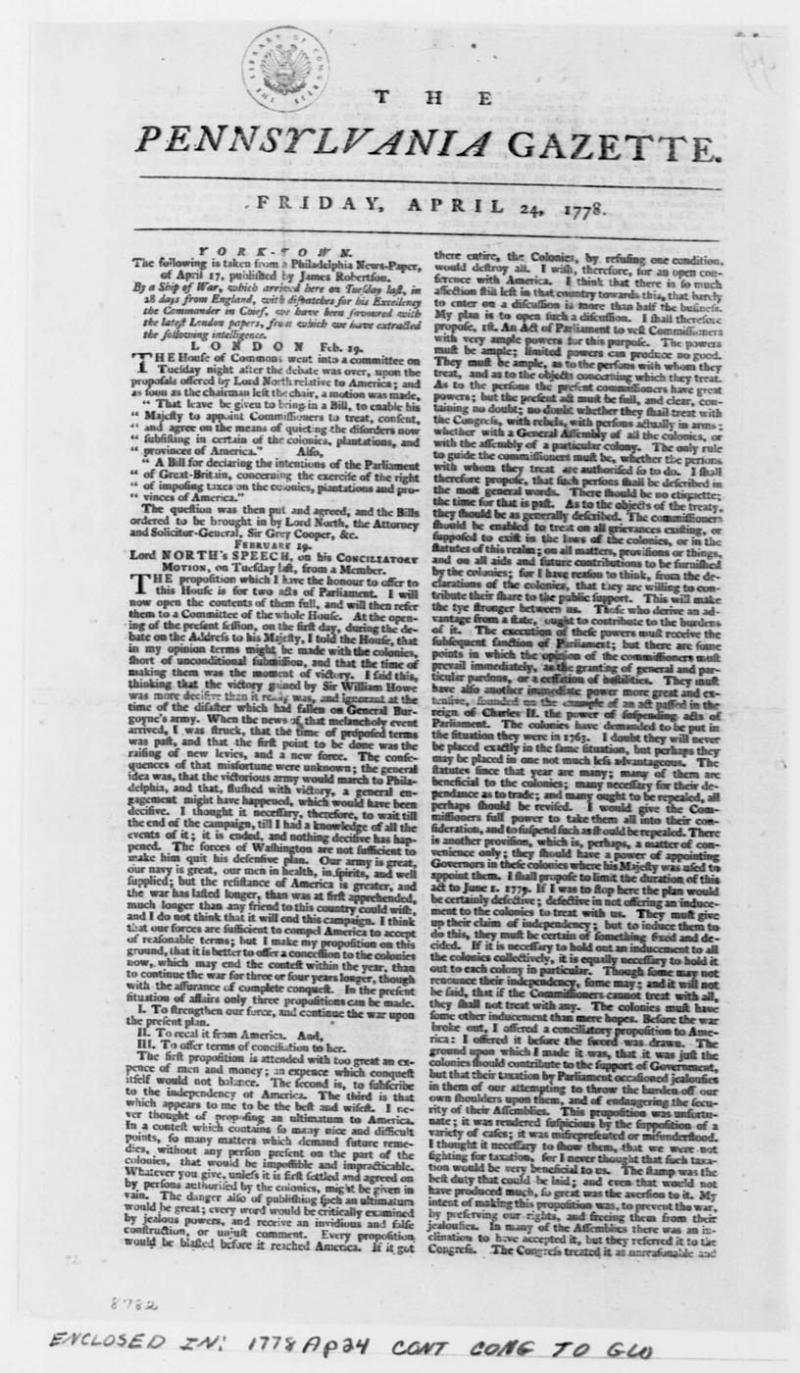Pennsylvania Gazette, April 24, 1778 NCpedia