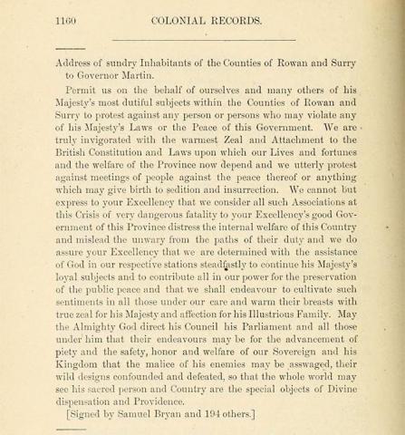 Address of Sundry Inhabitants of the Counties of Rowan and Surry to Governor Martin