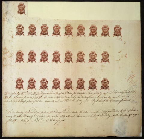 Proof sheet of tax stamps, 1765