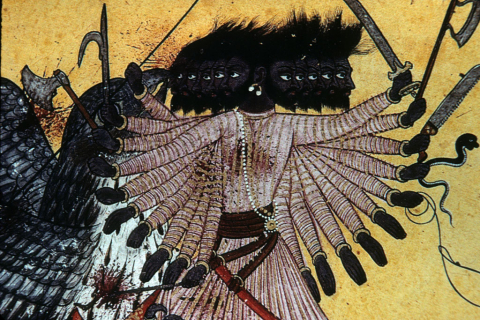 Twenty-armed Ravana fights eagle king Sadayu on Indian painting