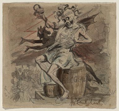 "Alcohol, Death, and the Devil", created between 1830 and 1840 by  George Cruikshank. Image courtesy of Library of Congress.  