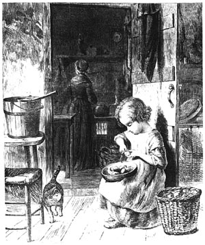 Yeoman woman and child working in the kitchen of a simple farmhouse.